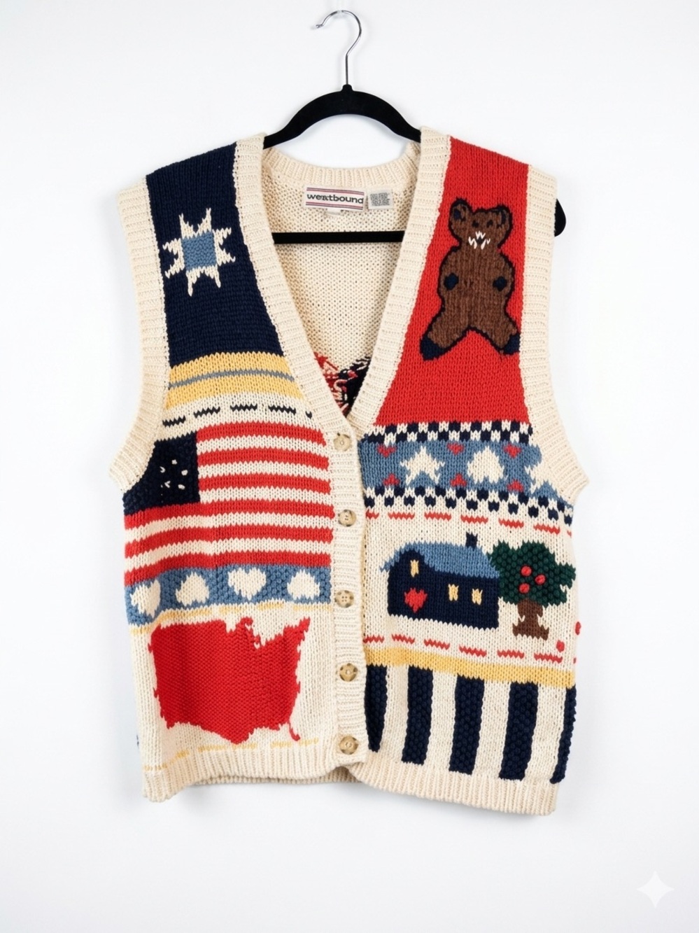 Vintage Westbound Americana Knit Sweater Vest Bear Cabin Flag Country — Size M